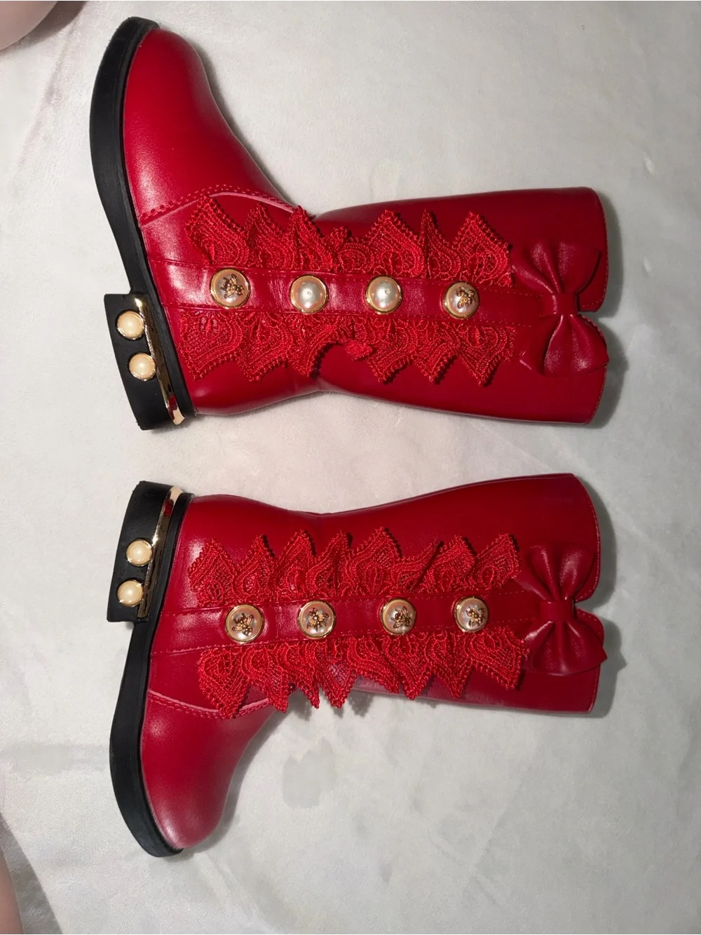 Girls Red Pearl Accent Mid-Calf Boots